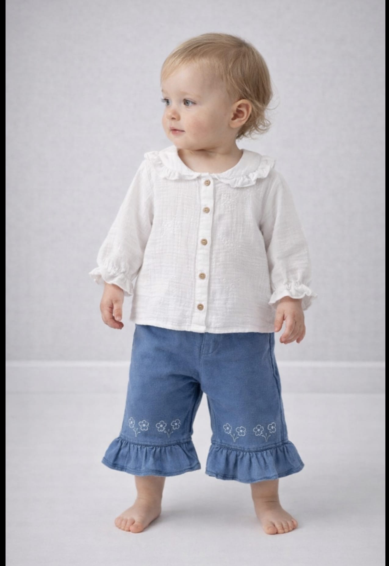 Costum din muselina și denim cu guler rotund cu pantalon &nbsp;evazat DECO 9/24&nbsp;