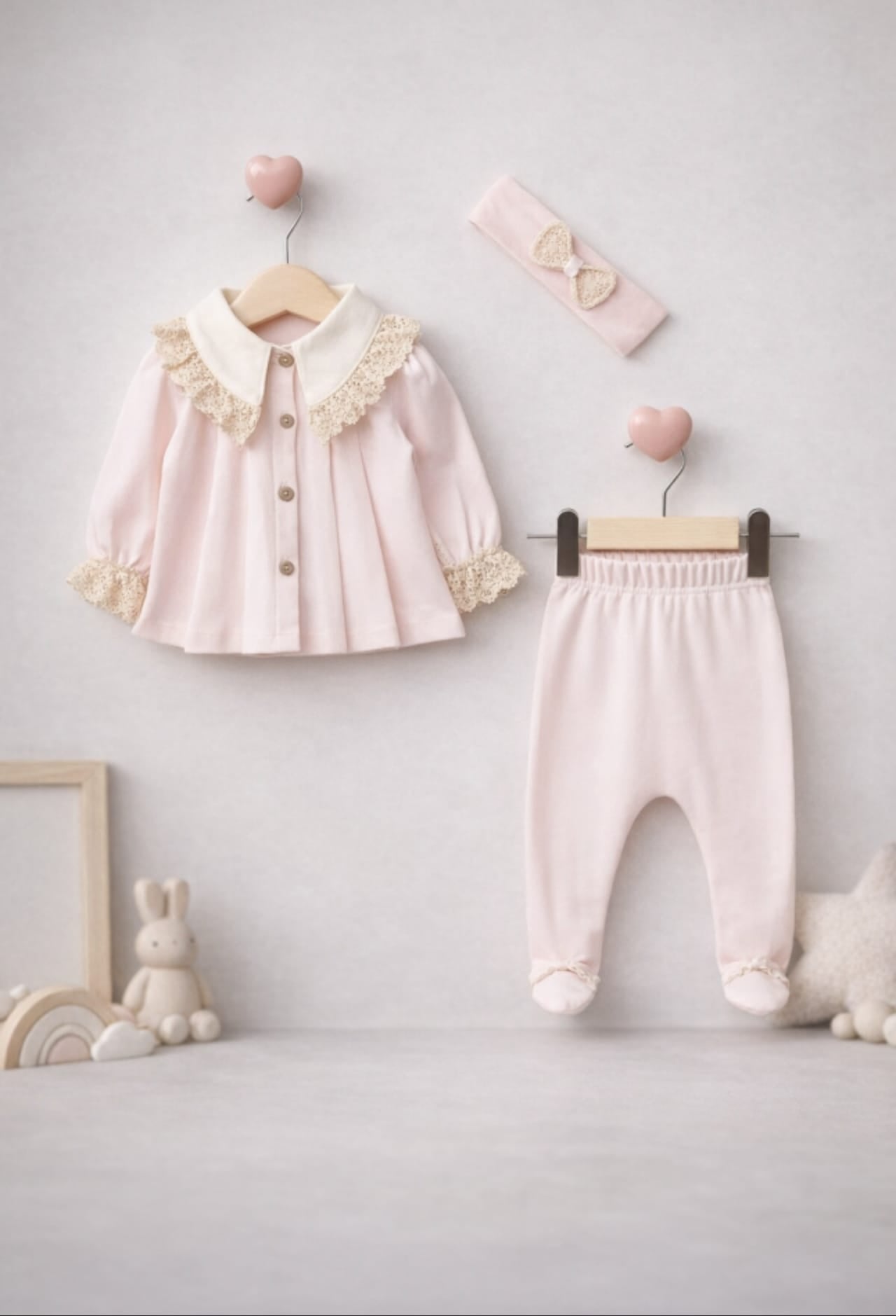 SET BABY AURA 0-3 LUNI, 3 PIESE, CU &nbsp;DANTELĂ LA GULER&nbsp;