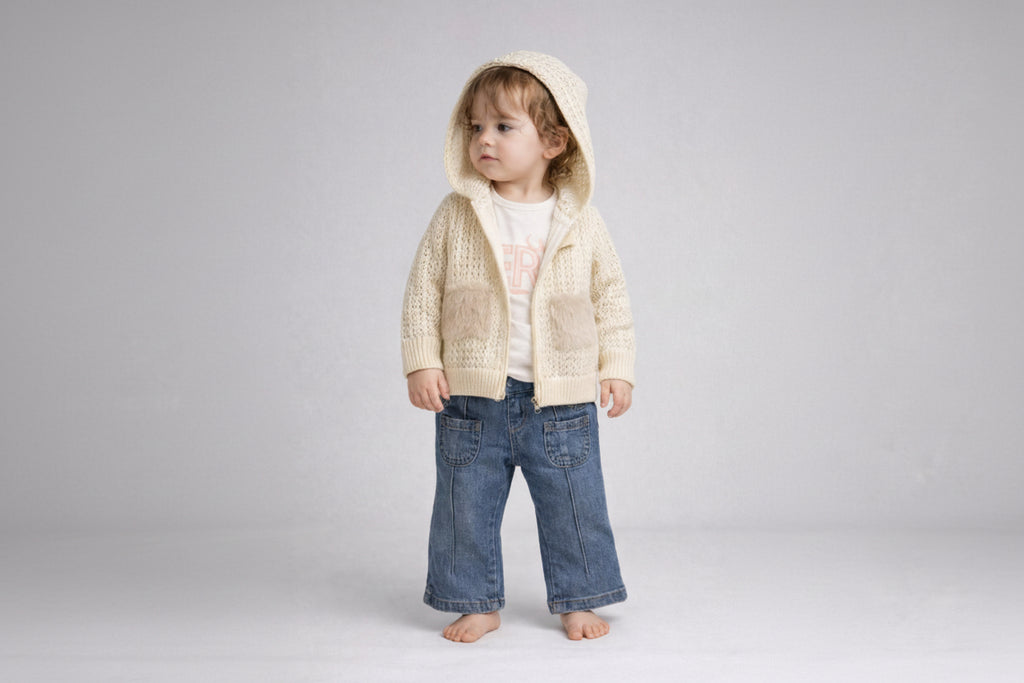 Set cardigan tricotat Missolix 9/24 luni cu buzunare și blăniță